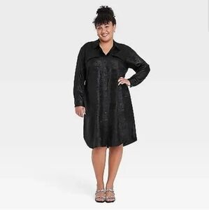 NWT Women’s Ava & Viv Long Sleeve Midi Sleek Button-up Shirt Dress Black Size 1X